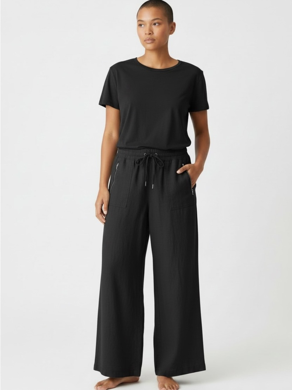 Athleta Wide-Leg Linen Drawstring Pants in Black - Picture 2 of 5